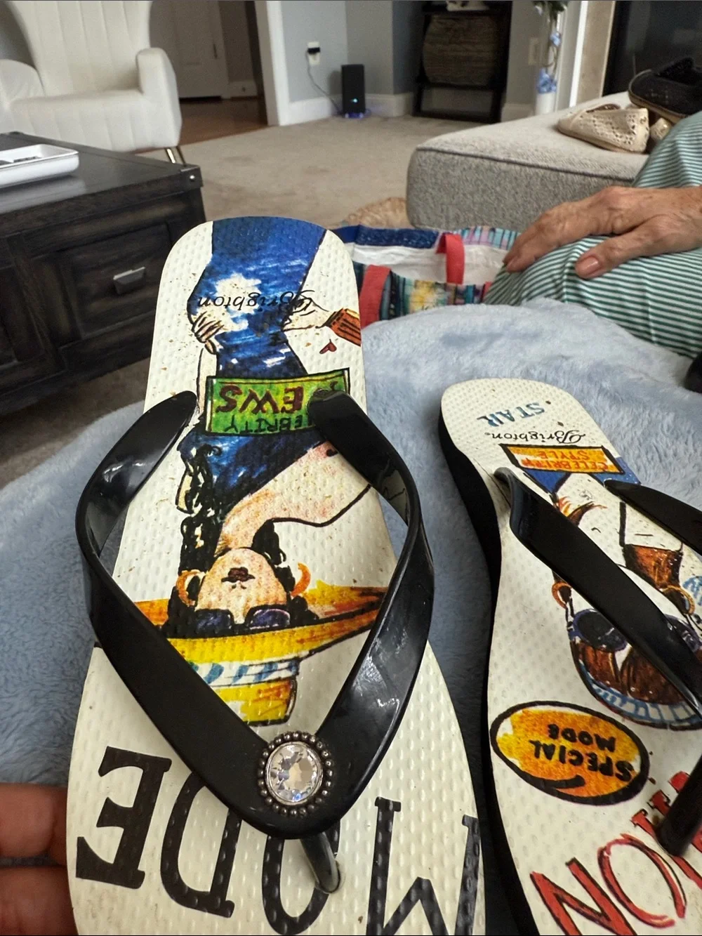 Bella Vita Black Strap Flip-Flops with Colorful Graphic Footbed